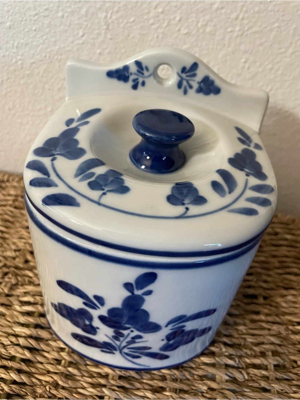 Portugal Hand Painted Blue and White Signed Wall Pocket with Lid